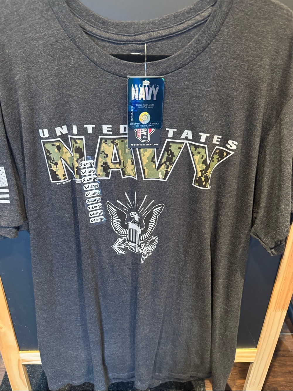 Bella Canvas XL Dark Gray Tee with Green Camo 'NAVY' and White Eagle Graphic